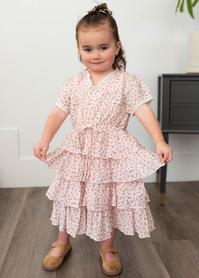 Short sleeve blush rose tiered ruffle little girl dress