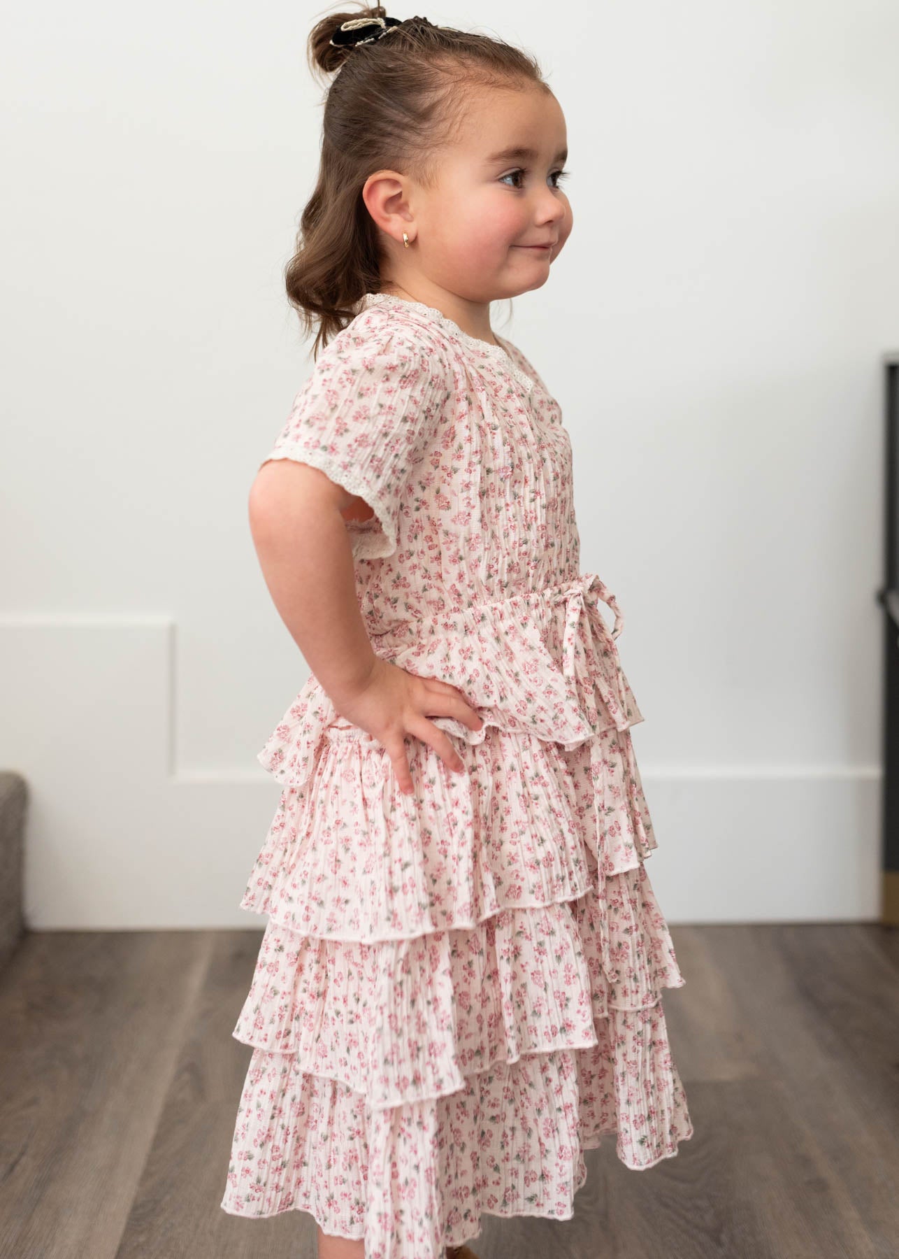 Side view of the blush rose tiered ruffle little girl dress