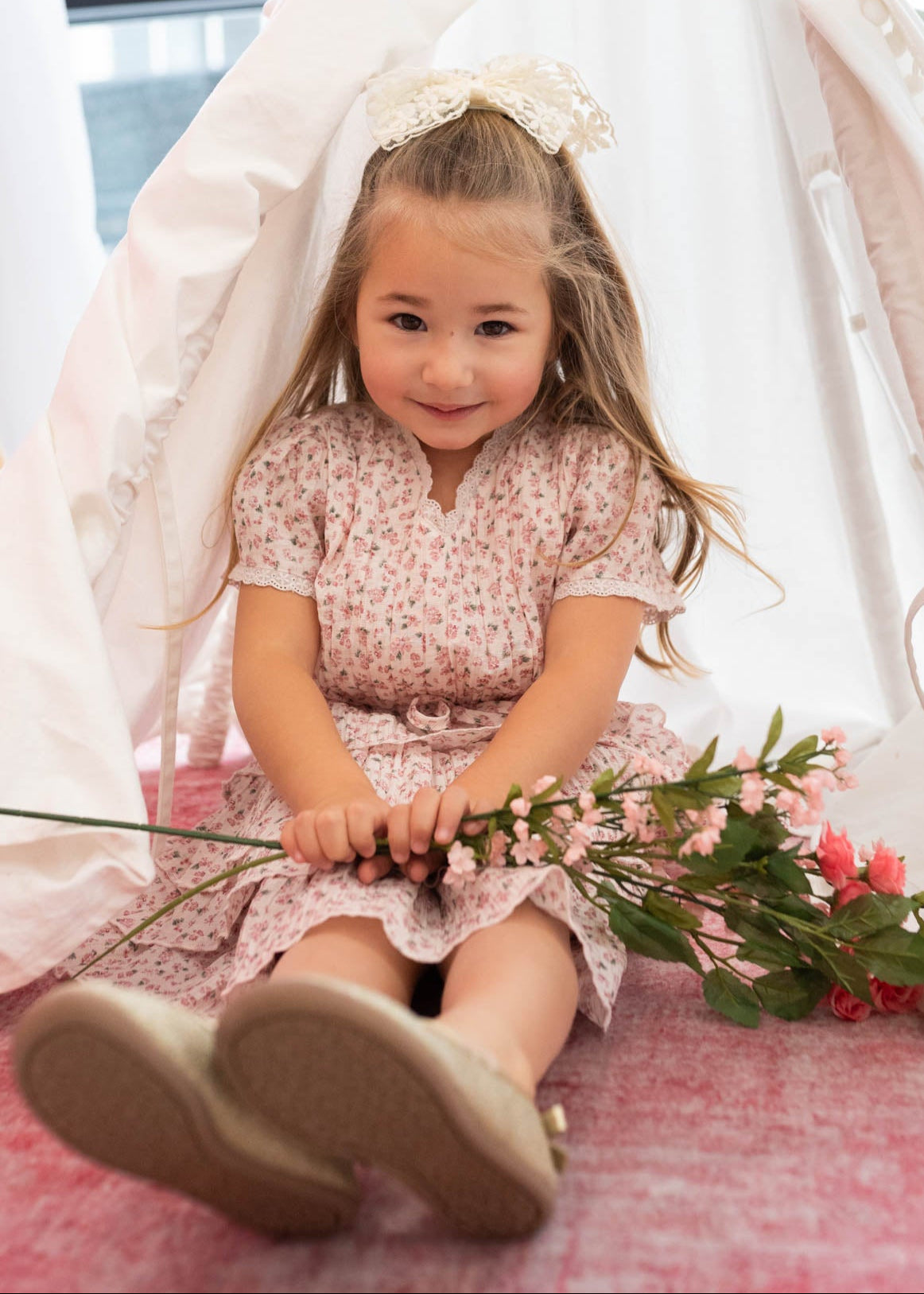 Short sleeve blush rose tiered ruffle little girl dress