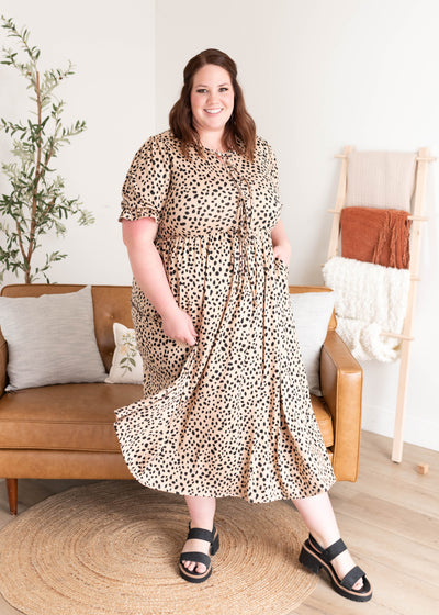 Leopard bow dress with elastic waist in plus size