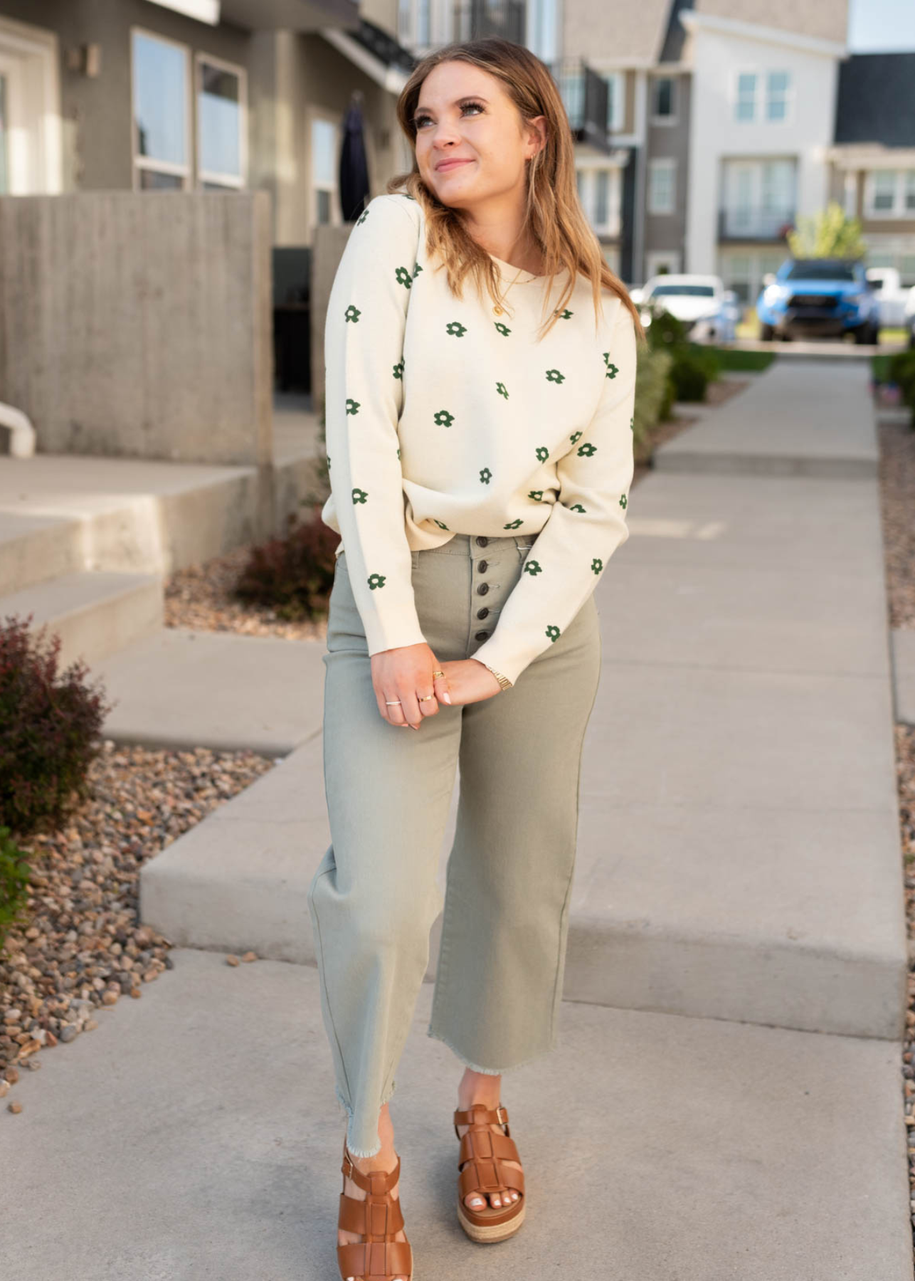 Cream green floral sweater with long sleeves