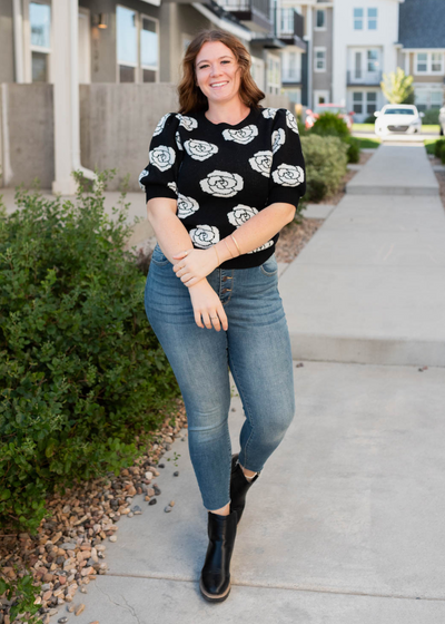 Plus size black floral print sweater