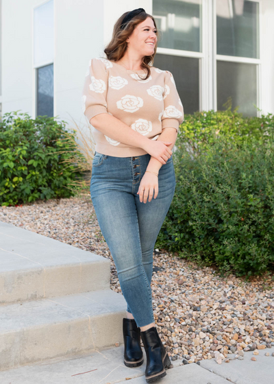 Plus size taupe floral print sweater