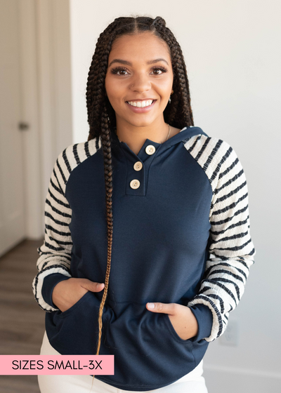 Long sleeve navy stripe hooded top with front pocket