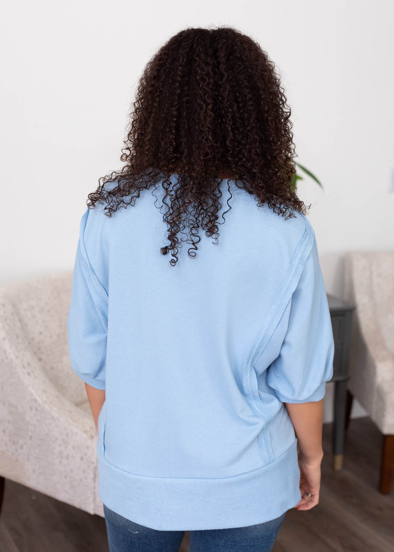 Back view of the blue textured pullover