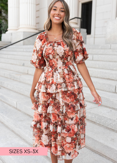 Square neck rust floral ruffle dress