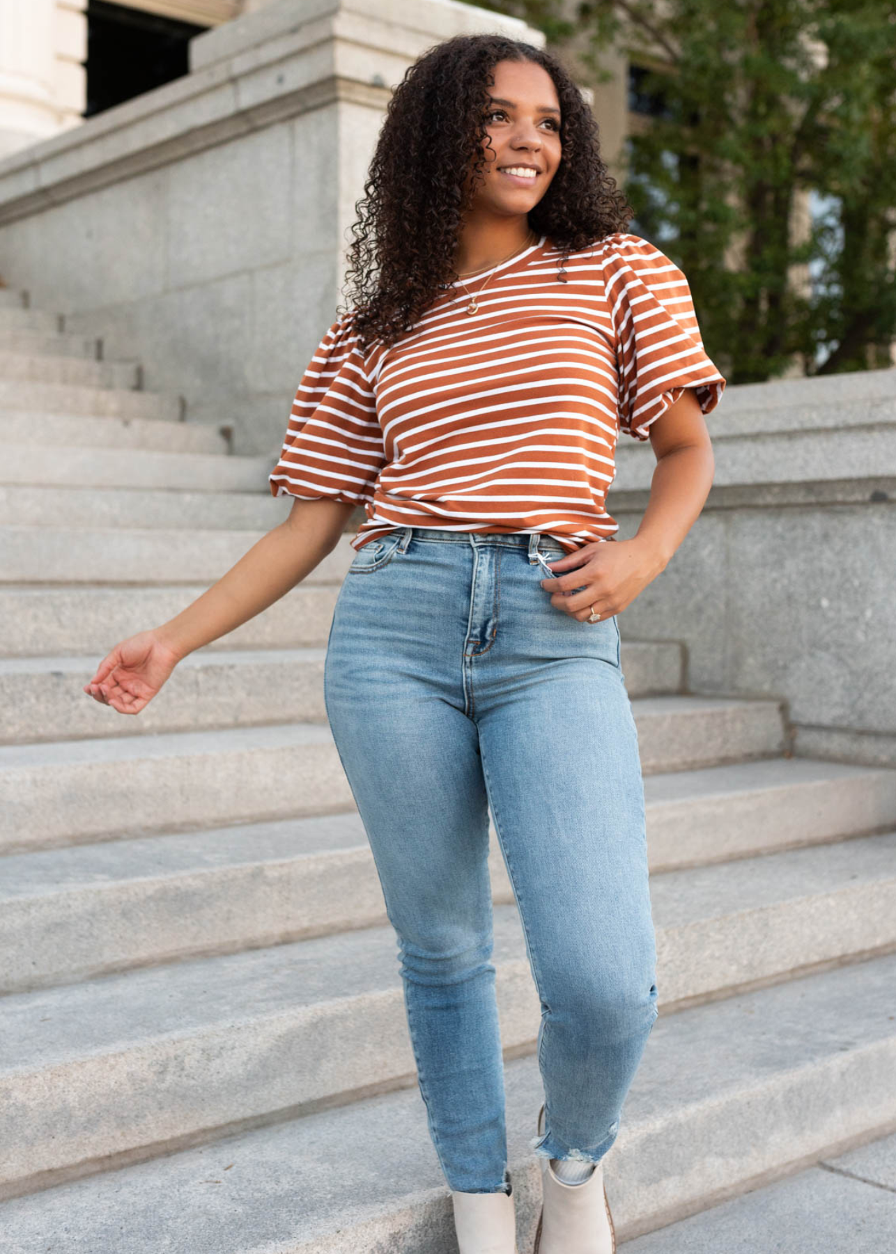 Terracotta stripe puff sleeve top with with short sleeves