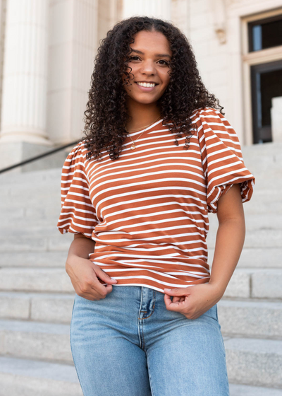 Short sleeve terracotta stripe puff sleeve top