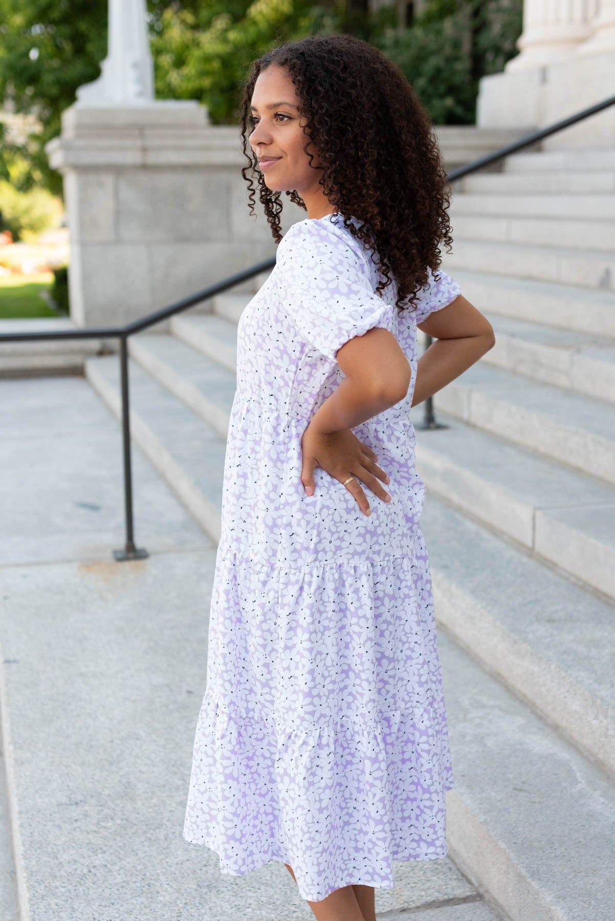 Side view of the lavender daisy dress