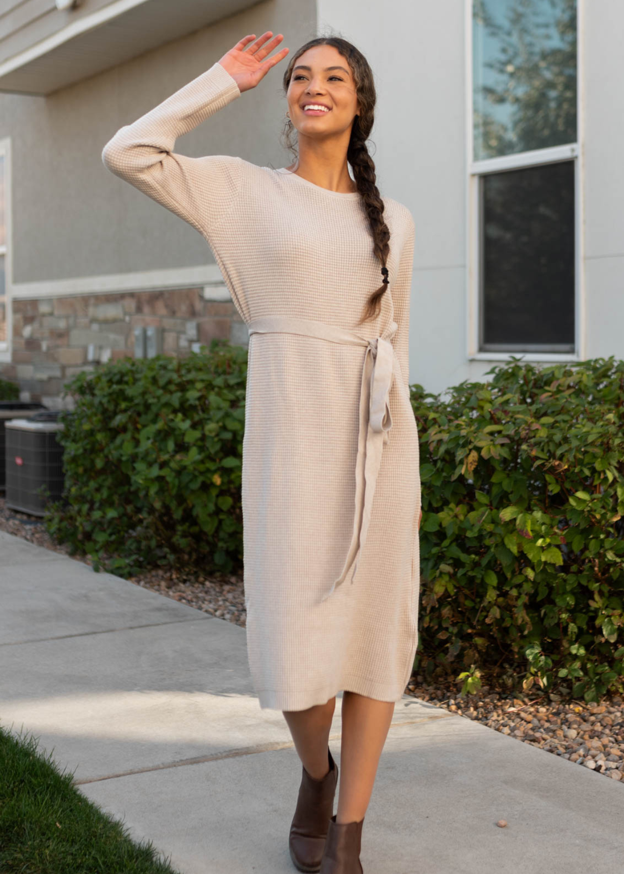 Stone waffle sweater dress with long sleeves