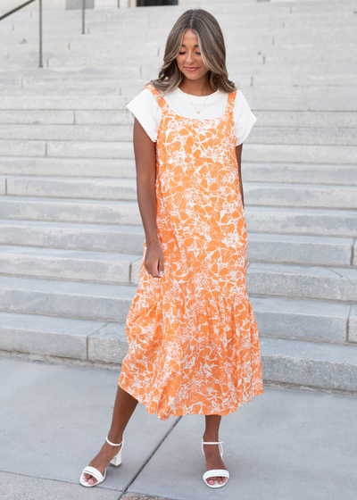 Orange floral strap dress