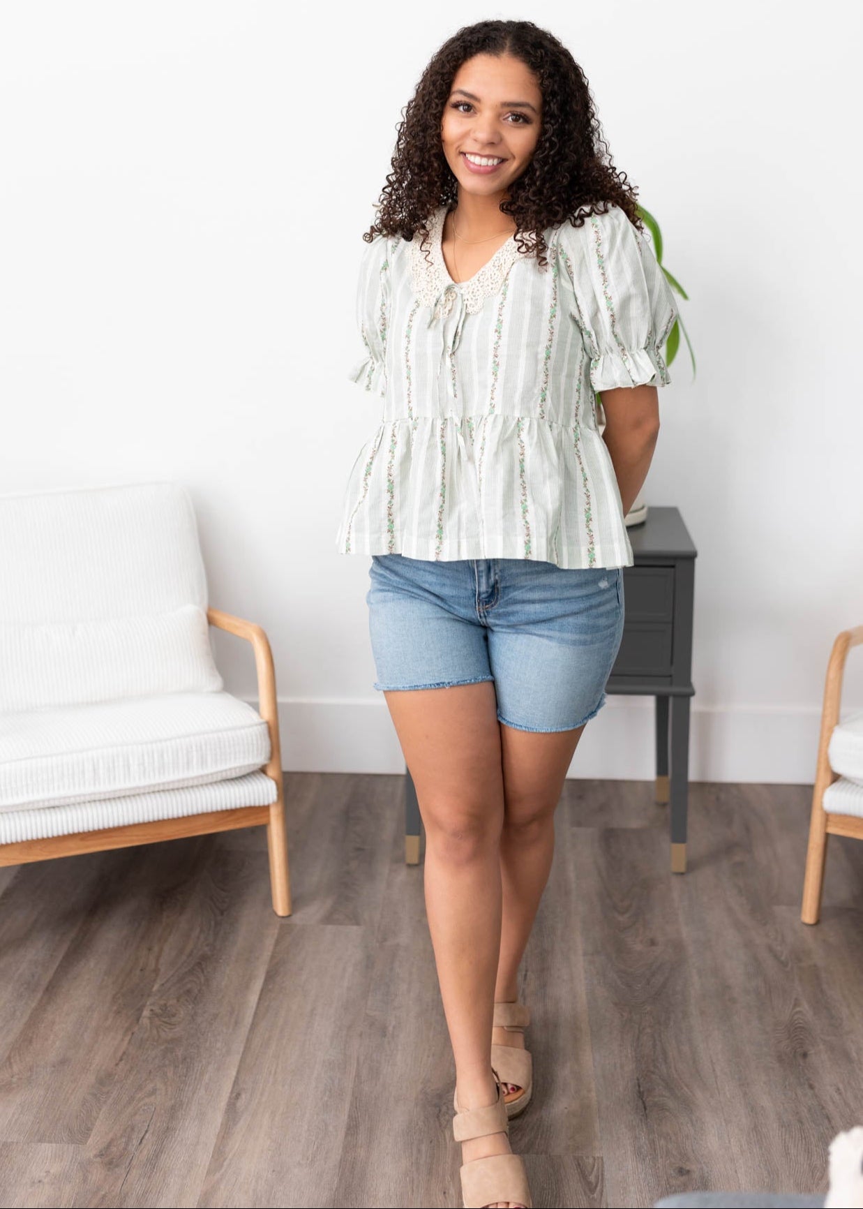 Green lace top with stripe flowers