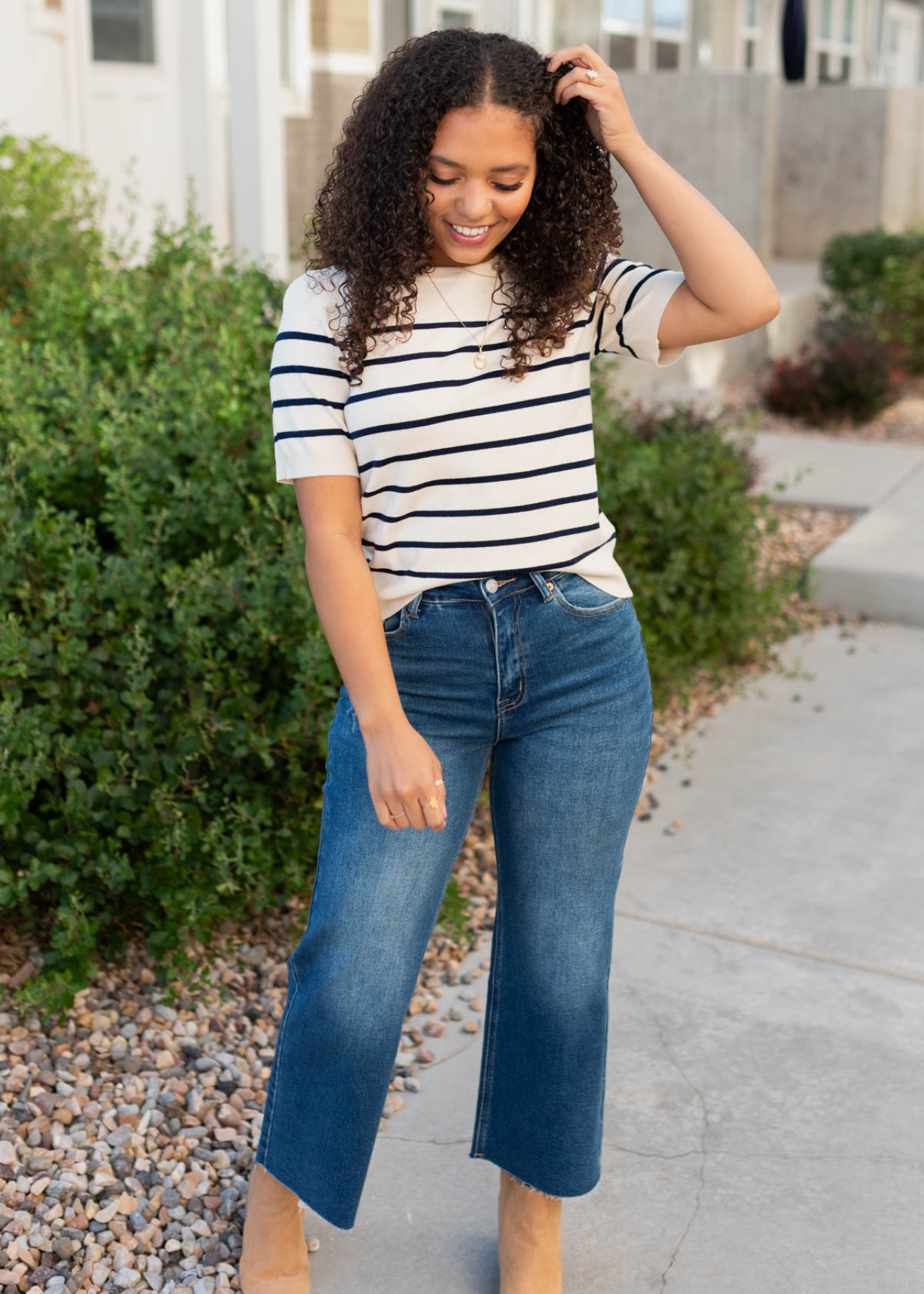 Raw hem on the wide leg jeans