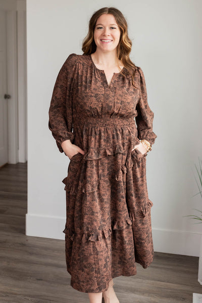 Plus size mahognay floral tiered dress with long sleeves and pocket