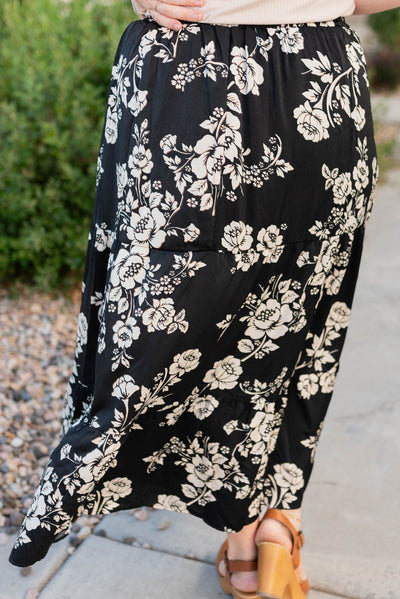 Black floral tiered skirt