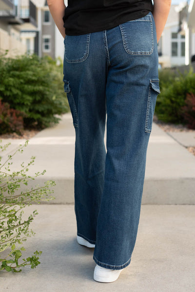 Back view of the dark wash cargo jeans