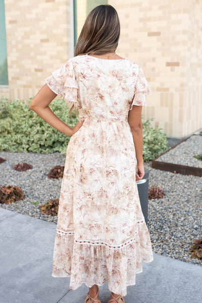 Back view of the burgundy floral lace dress