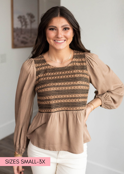 Long sleeve mocha crochet stripe top