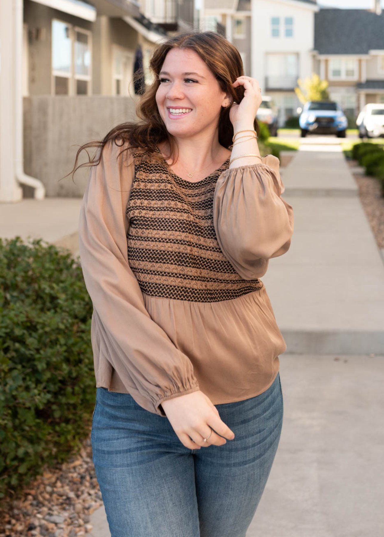 Plus size long sleeve mocha crochet stirpe top with long sleeves