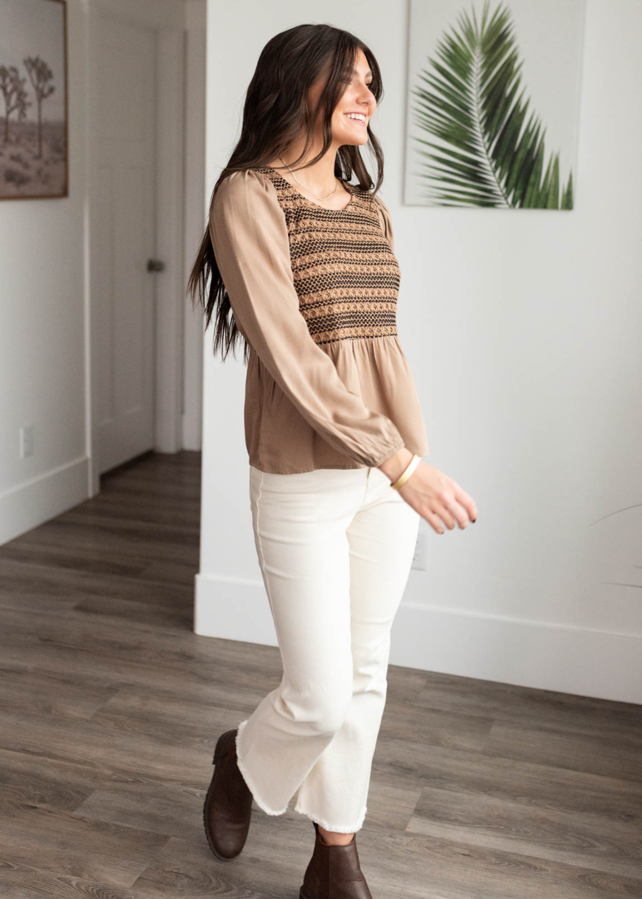 Side view of the mocha crochet stripe top