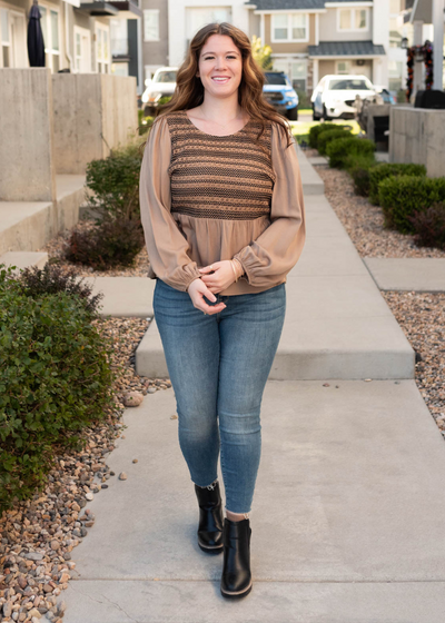 Plus size mocha crochet stripe top