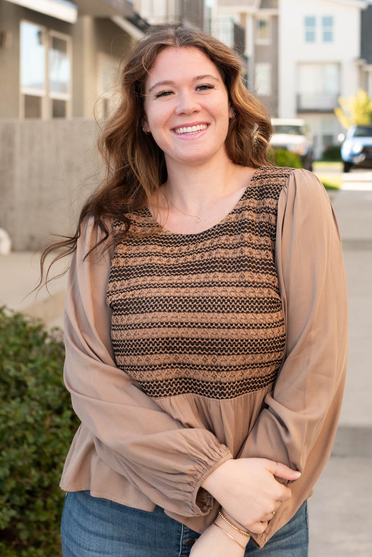 Crochet bust on the mocha crochet stripe top