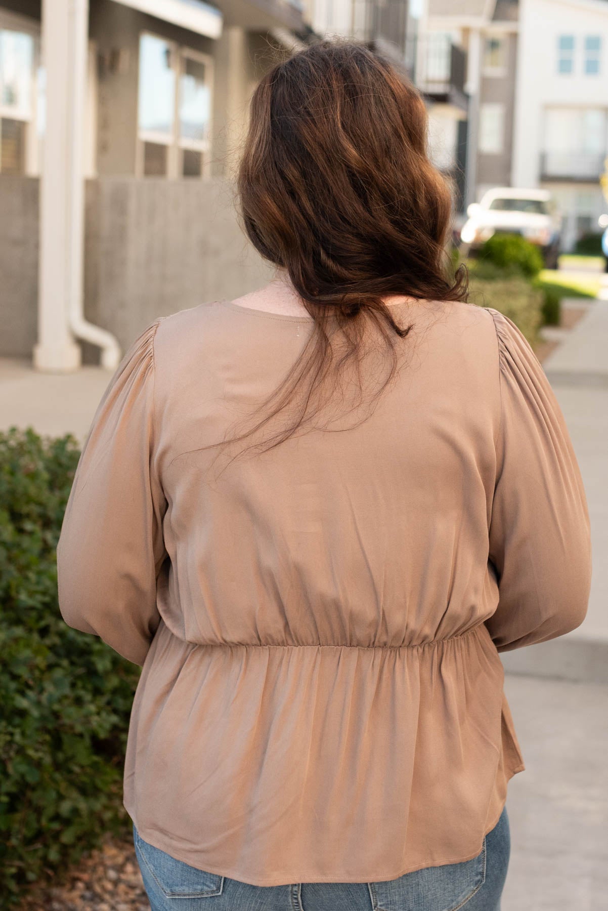 Back view of the mocha crochet stripe top in plus size