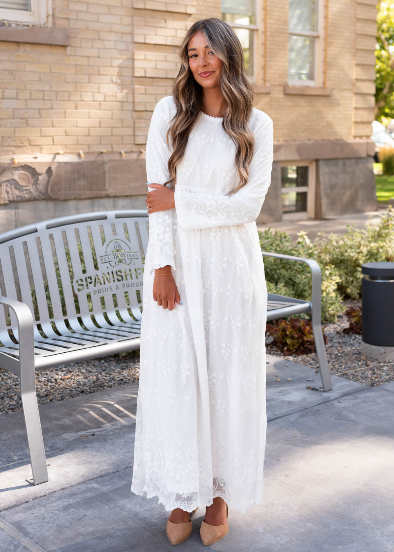 White floral lace dress with long sleeves