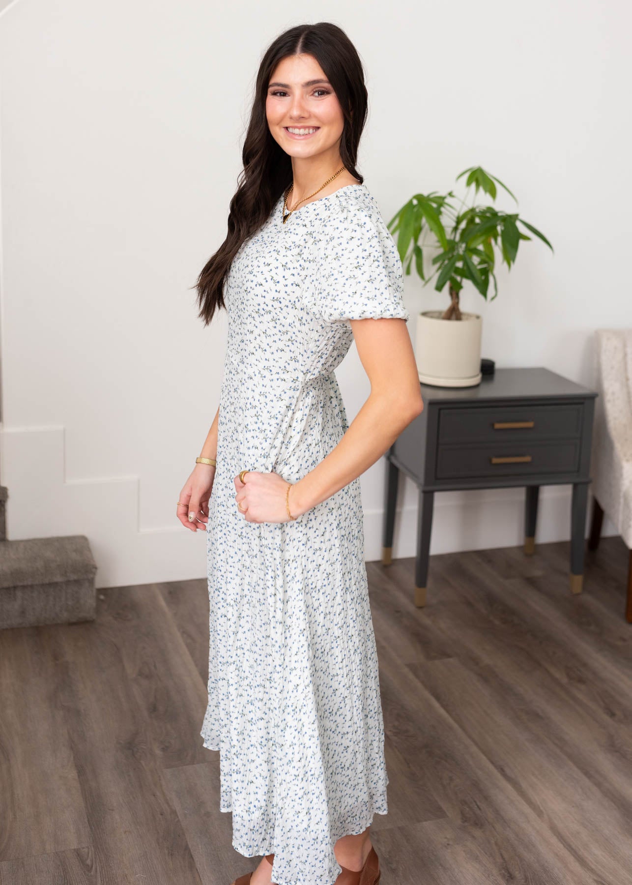 Side view of the blue floral dress