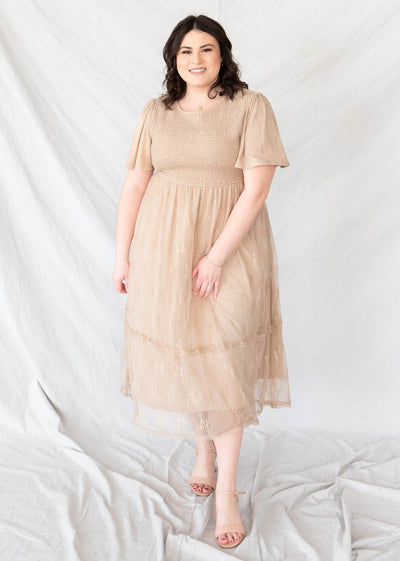 Beige smocked lace dress in plus size