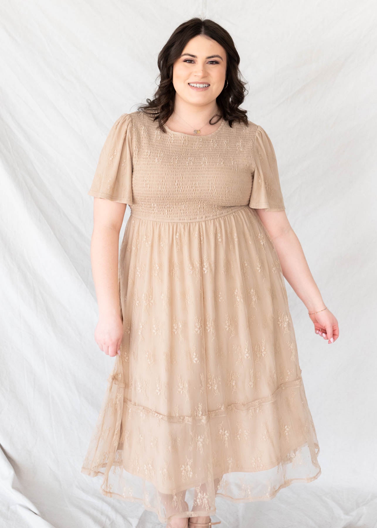 Beige smocked lace dress in plus size