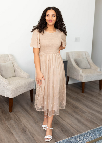 Beige smocked lace dress