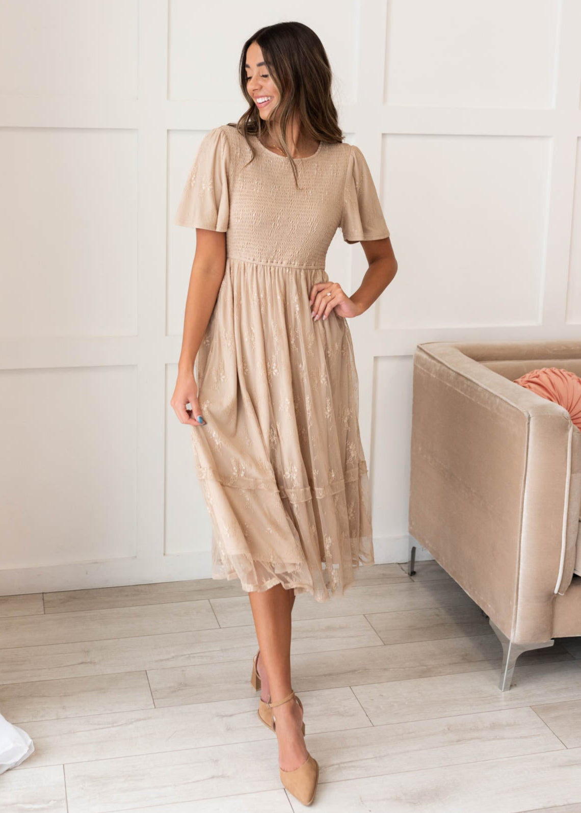 Beige smocked lace dress with scalloped hem