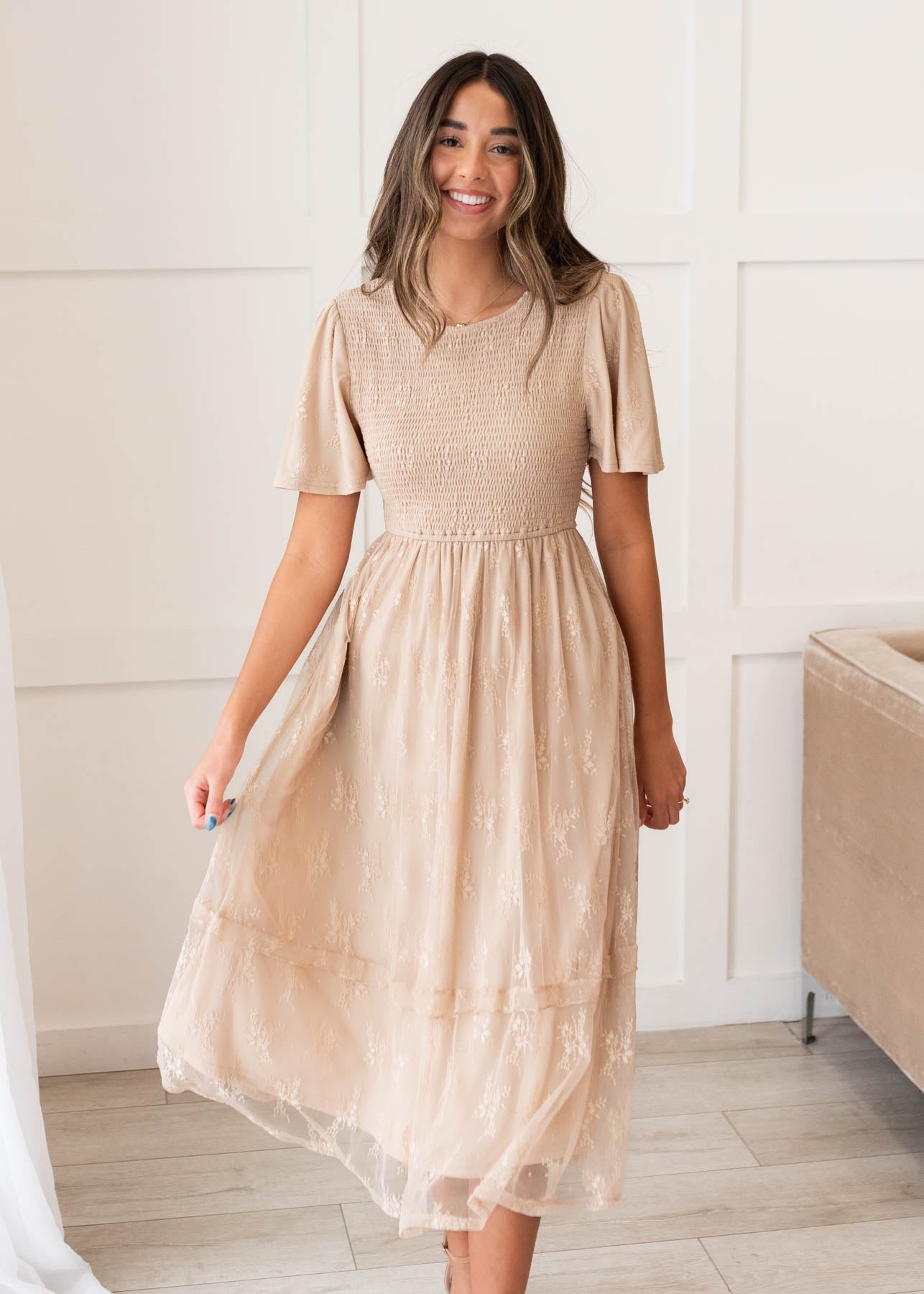 Beige smocked lace dress with short sleeves