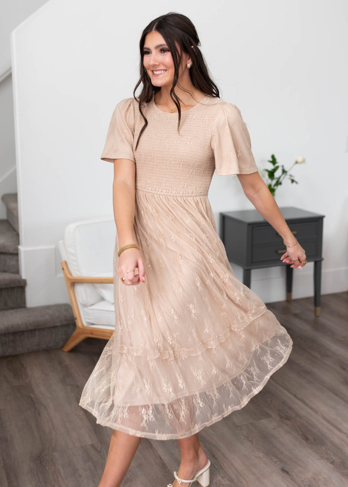 Quinn Beige Smocked Lace Dress