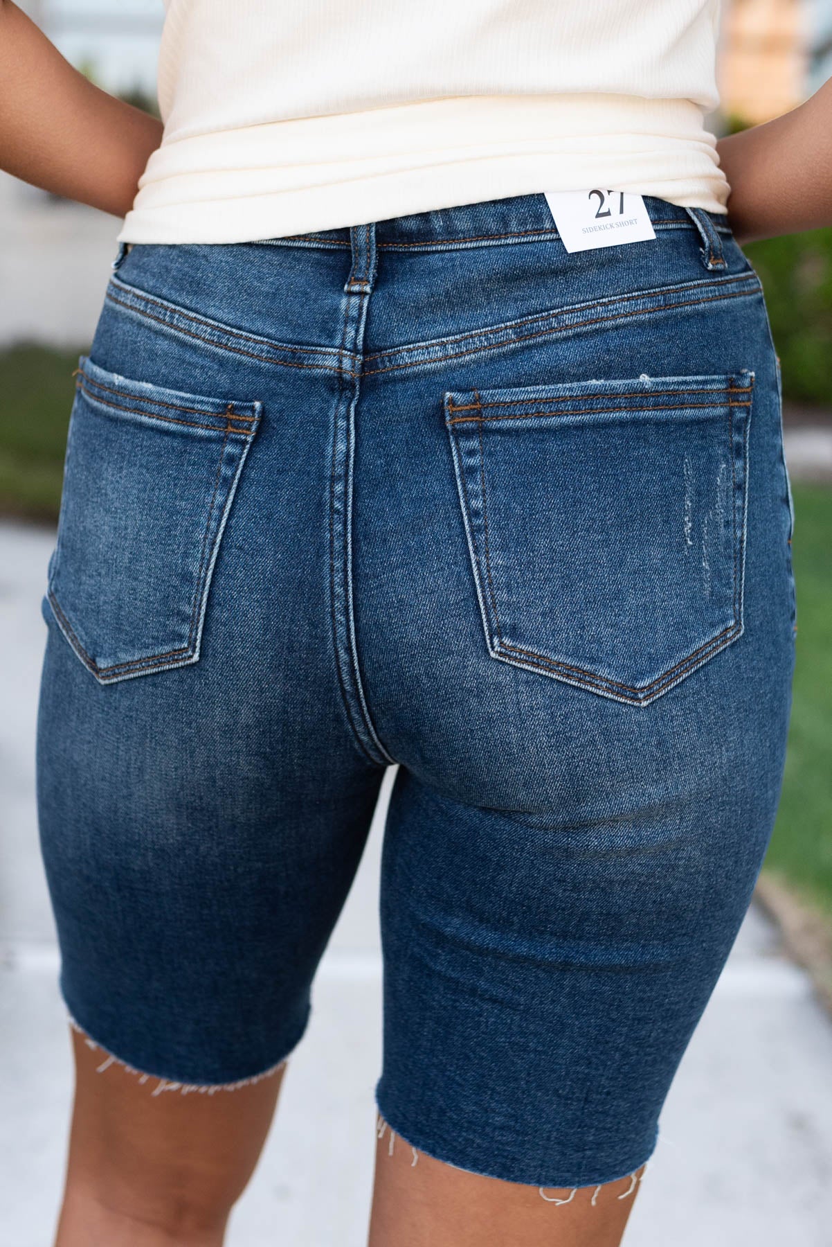 back view of the indigo shorts