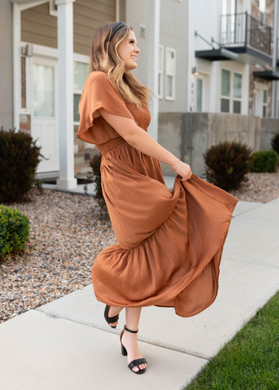 Side view of the sepia satin dress