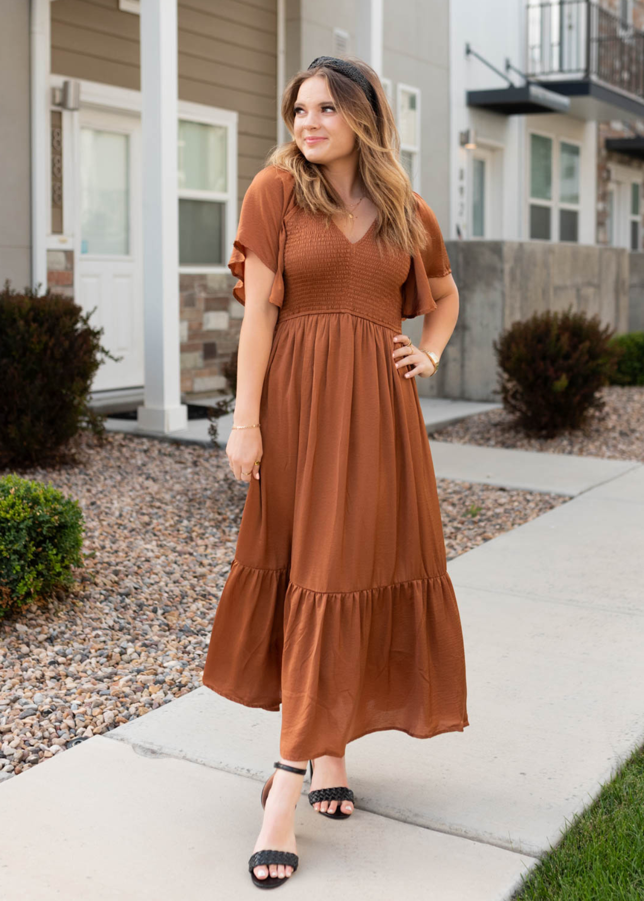 Sepia satin dress with short sleeves