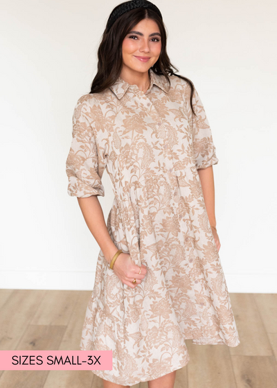 Taupe floral button down dress with pockets