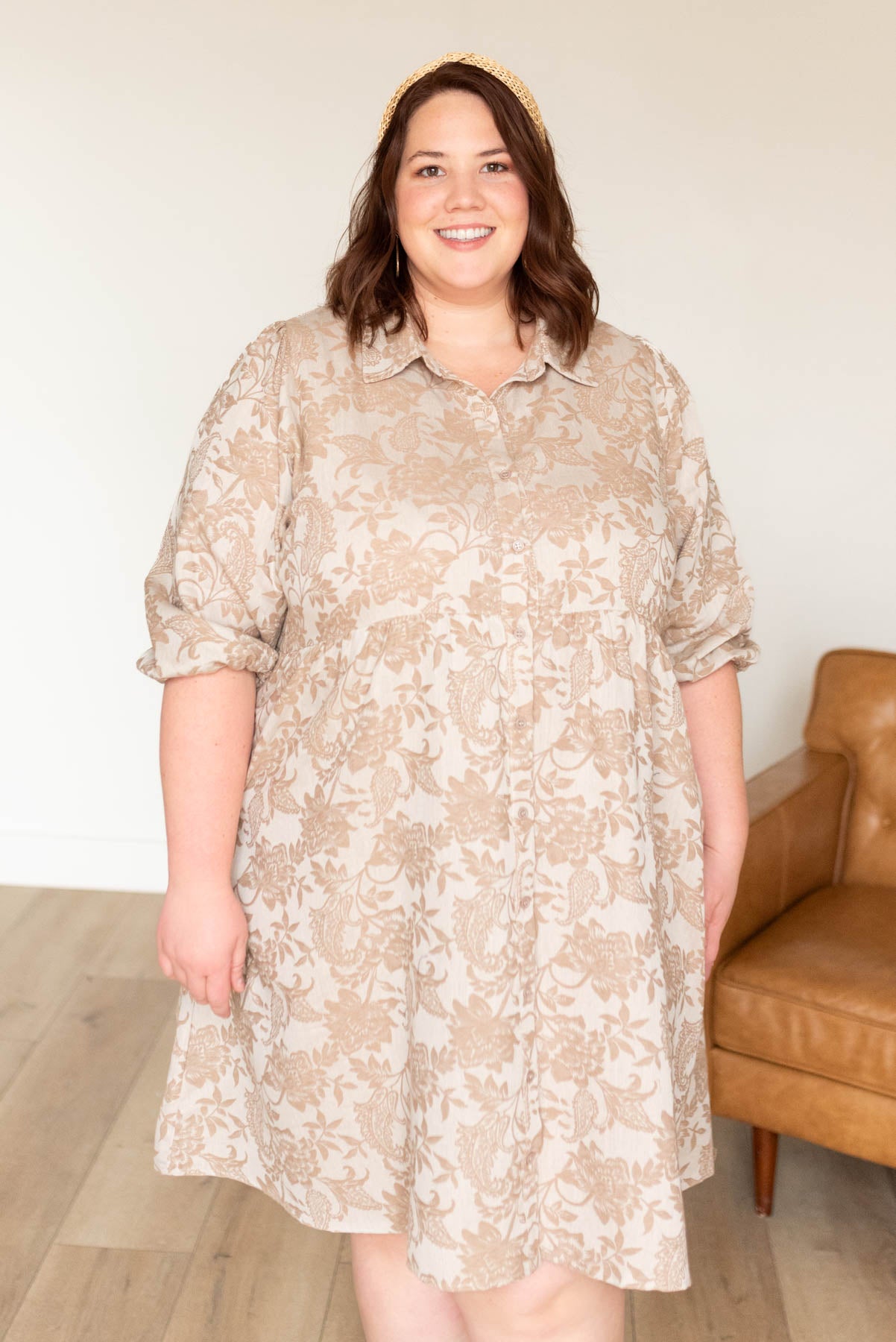 Plus size taupe floral button down dress