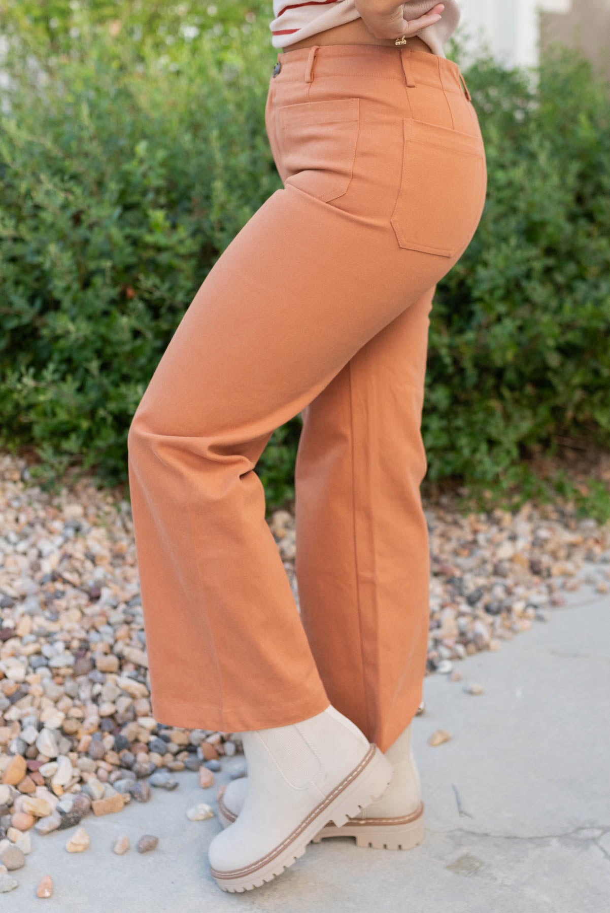 Side view of the caramel pants