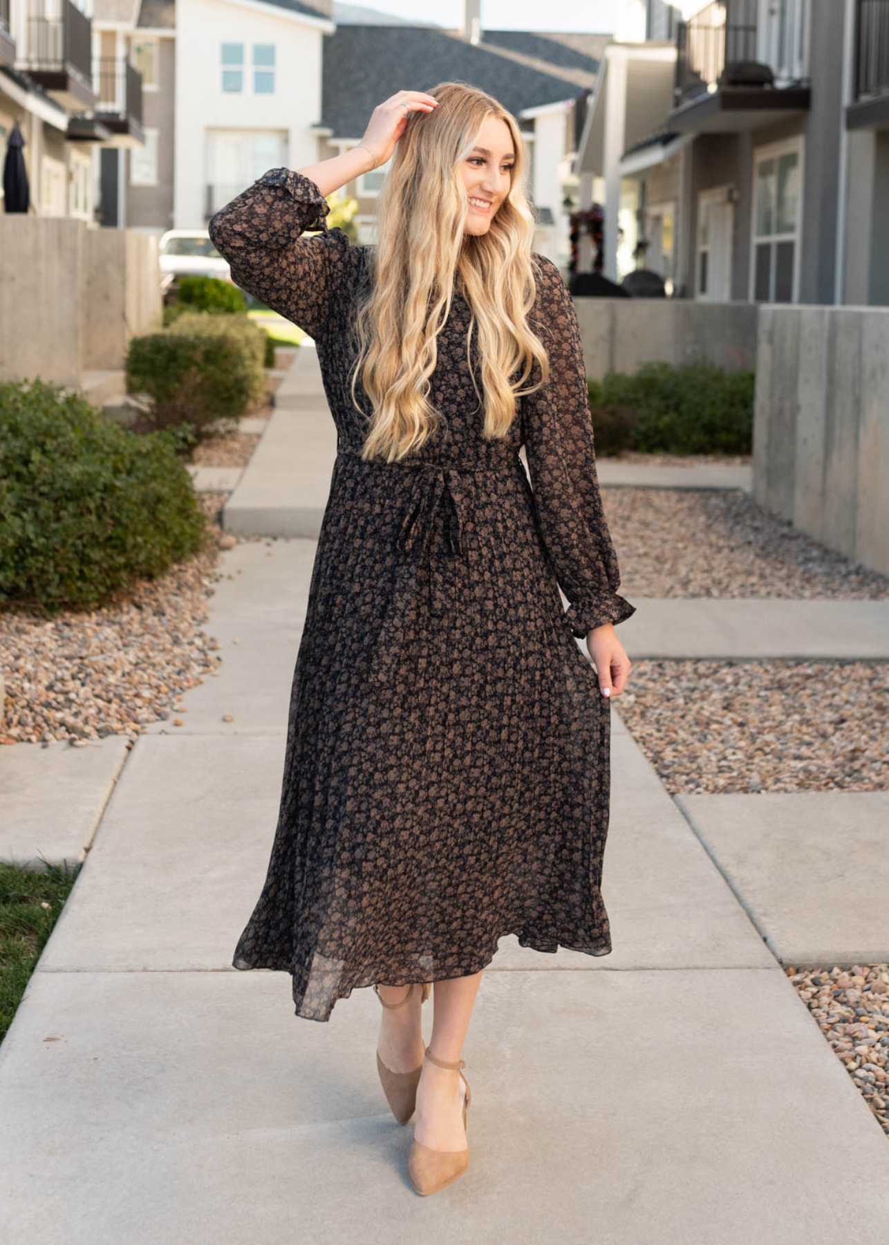 Long sleeve navy multi floral dress