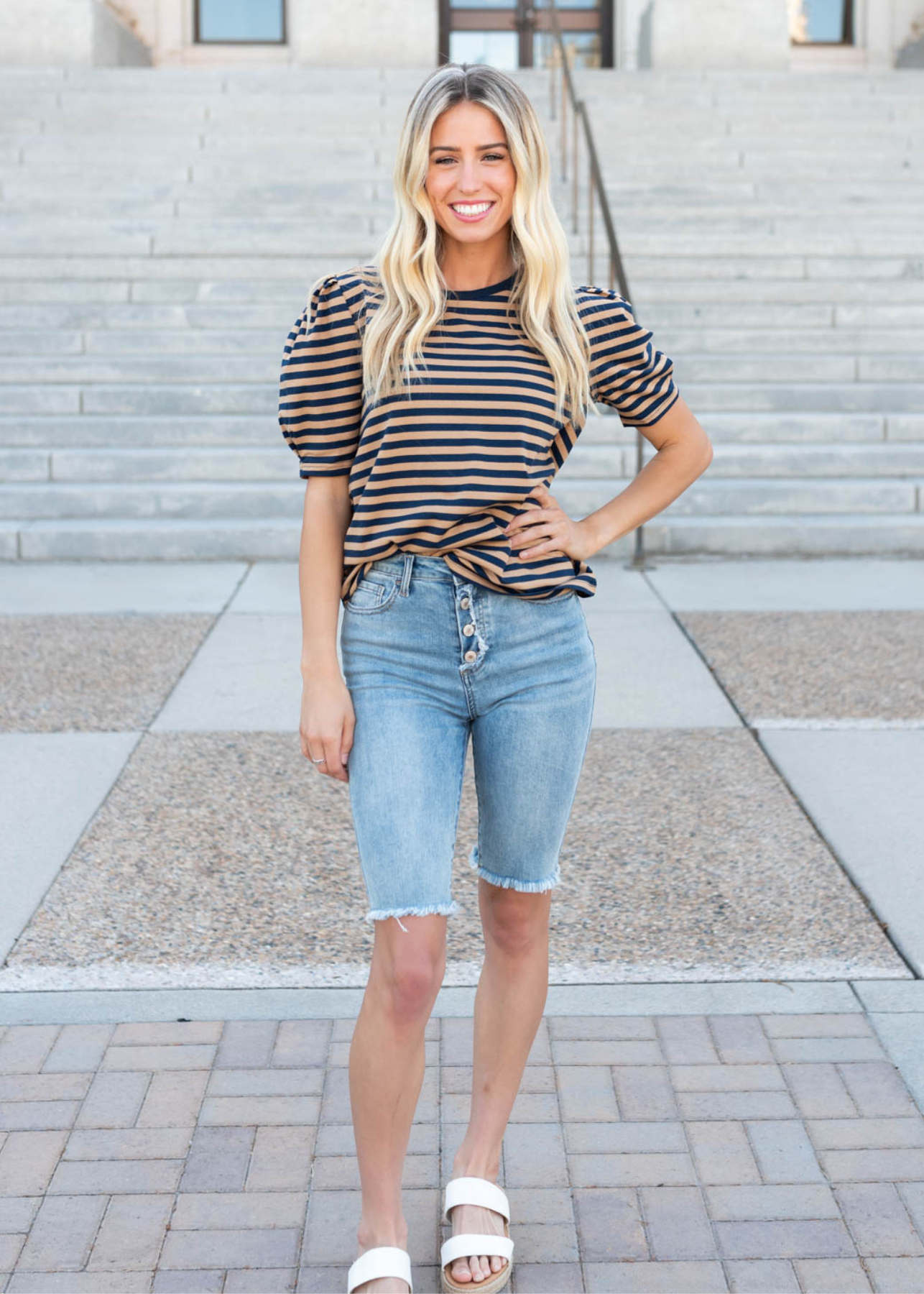 Navy camel stripe top with short sleeves