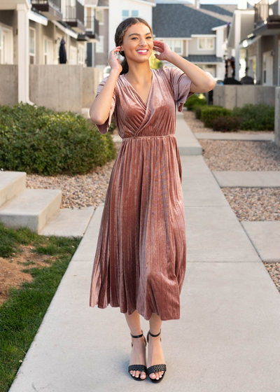 Midi length dusty rose velvet dress