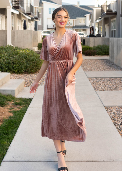 Short sleeve dusty rose velvet dress