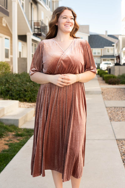 Plus size dusty rose velvet dress with short sleeves