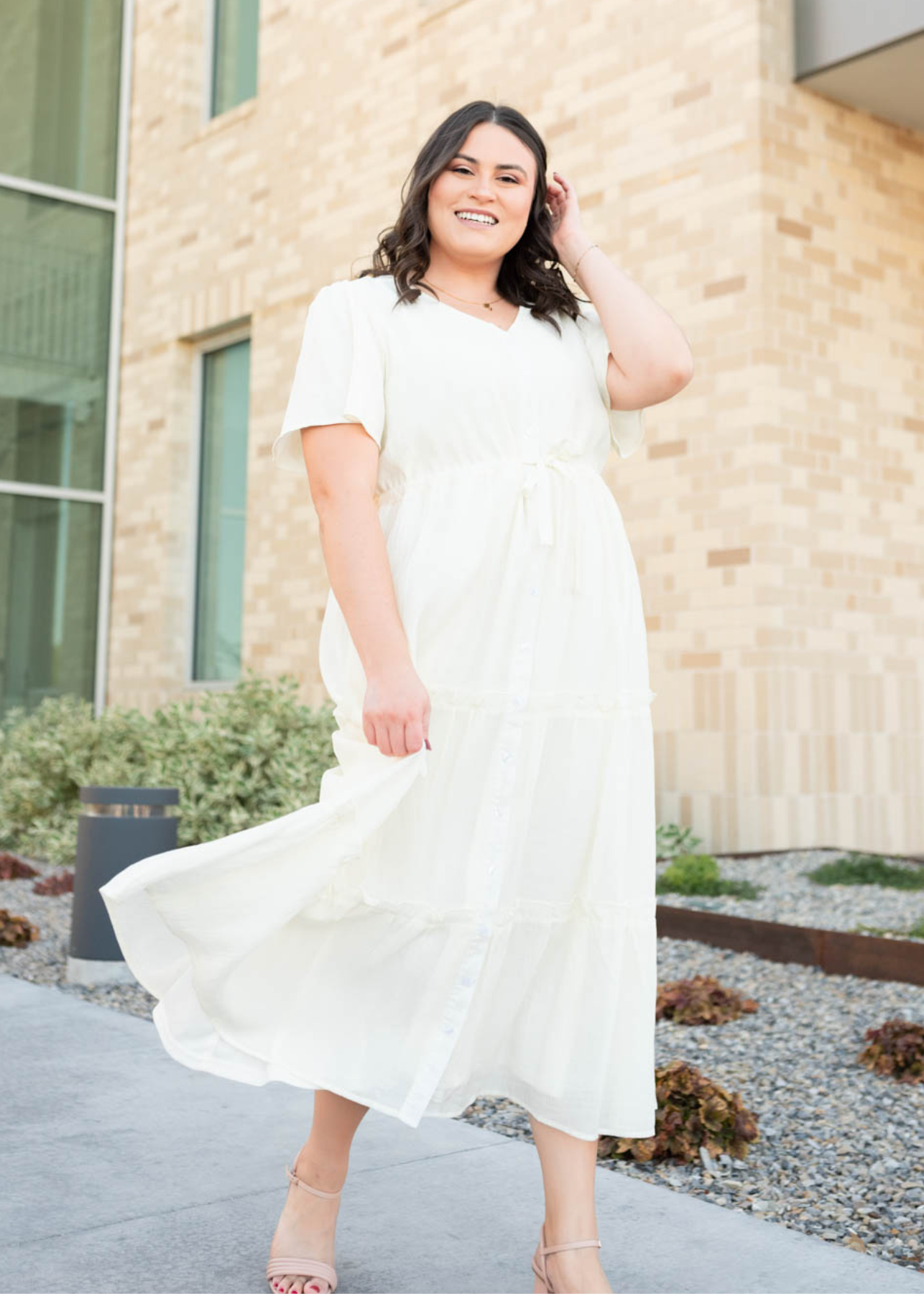 Cream button down dress with short sleeves