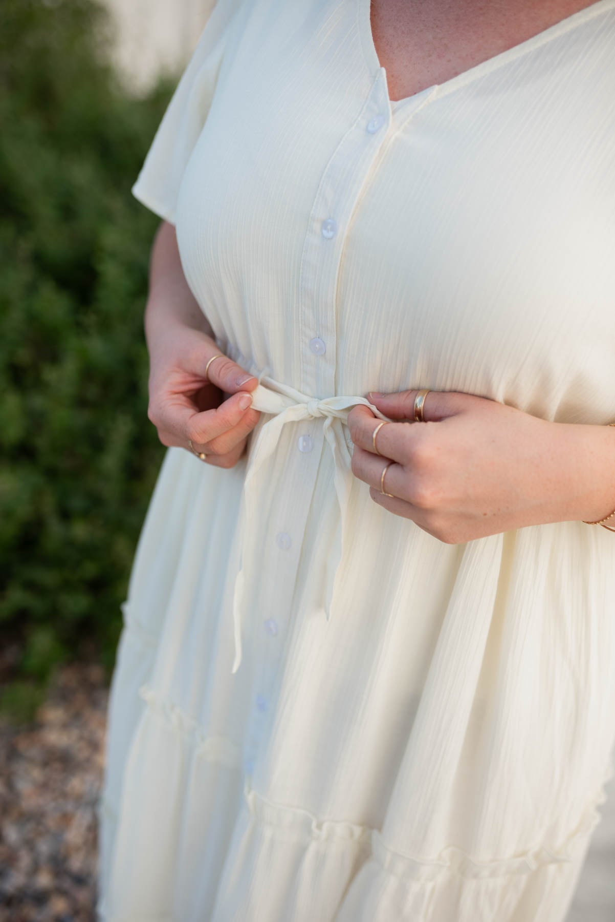 Plus size cream button down dress with tie at the waist