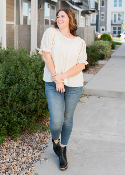 Short sleeve plus size ivory blouse