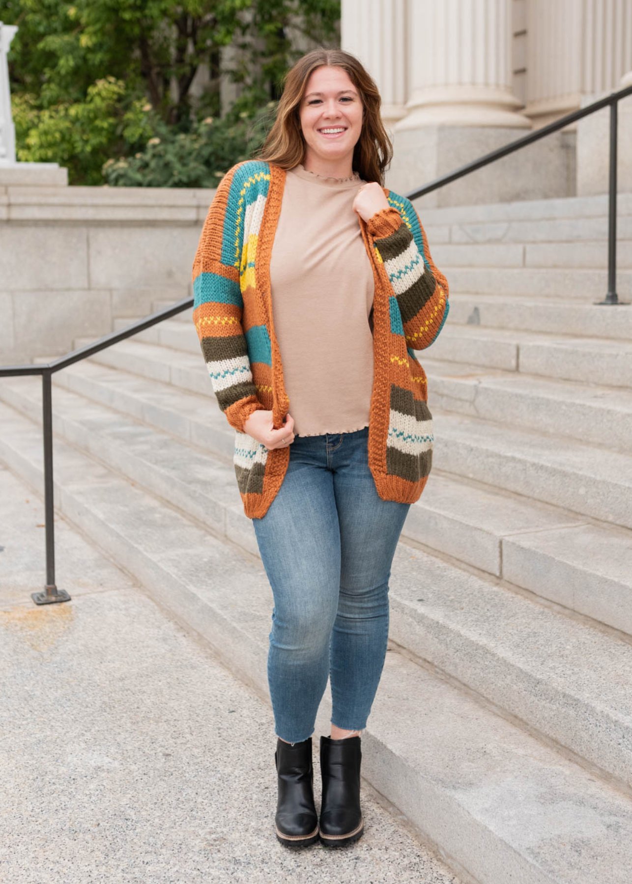 Plus size color block rust cardigan with long sleeves